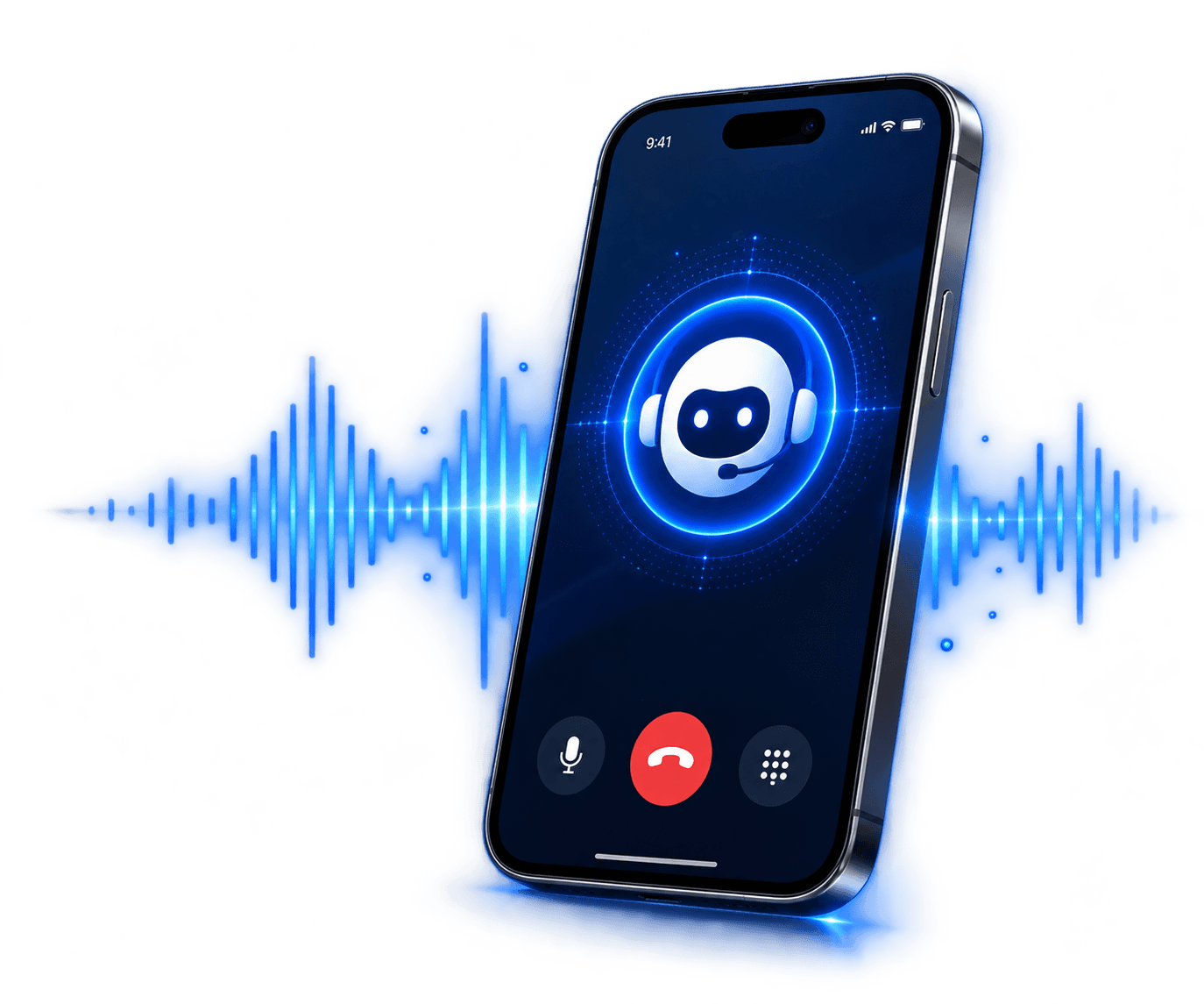 VoiceDesk AI call screen with an AI receptionist and blue voice waveform